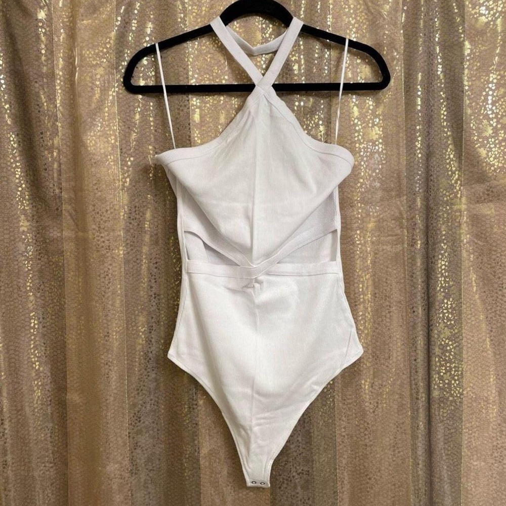Abercrombie & Fitch Soft A&F Rib White Cut-out Halter-neck Bodysuit